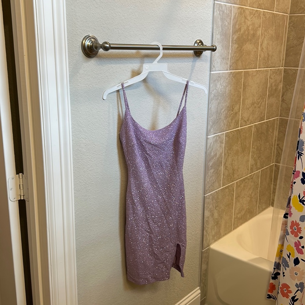 purple glitter mini dress